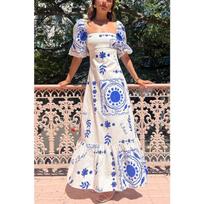 Casual One-line Collar Printed Lantern Sleeve Slim Cotton Linen Dress S