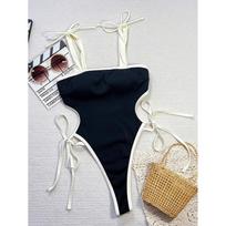 White Bordered Black One Piece Bikini Swimsuit for Women Sexy Hollow Out Backless Swimwear Side Bandage Beach Bathing Suit L juoda