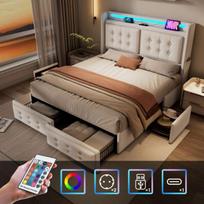 Lit double 180x200, avec tête de lit LED et fonction de recharge USB C et 4 tiroirs, capacité 300 kg, beige, coton (sans matelas) pilka