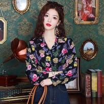 Hong Kong Style Retro Long-sleeved Shirt Women's New Printed Versatile and Chic Top Blouse S