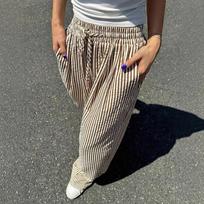Plus Size Europe and The United States Cross-border Spring and Summer Striped Pocket Elasticated Waist Wide-leg Trous S