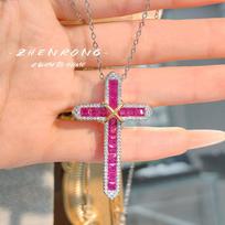 Vintage Pigeon Blood Ruby Cross Pendant Necklace High Carbon Diamond Red Corundum Blue Gemstone Women Jewelry