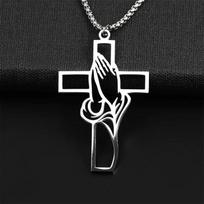 Prayer Hand Cross Pendant Necklace for Women Men Christian Stainless Steel Jewelry Gifts