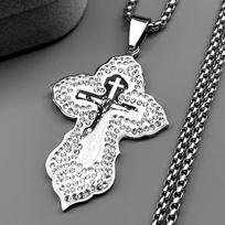 Orthodox Jesus Cross Pendant Necklace for Women Men Silver Color Stainless Steel Full Rhinestones Crucifix Amulet Chain Jewelry