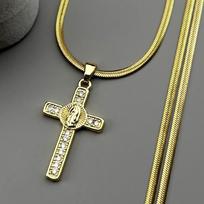 Catholic Virgin Mary Cross Zircons Copper Pendant Necklace for Women Men Stainless Steel Chain Gold Color Guadalupe Jewelry