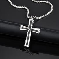 Vnox Cubic Zirconia Stone Centered Cross Necklaces for Men, Black Silver Color Stainless Steel Pendant,Religious Accessory Gift 50cm