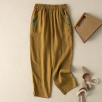 Cotton and Linen Vintage Carrot Pants Women's Summer New Loose Casual Cropped Pants XS ochra