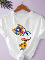 Unisex's Colorful Abstract Face Print Round Neck T-Shirt, Fashion Casual Short Sleeve T-shirt for Daily Wear S