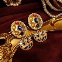Elegant Retro Baroque Earrings: Geometric Ear Drops with Intricate Glass-Plated Gold Design.