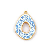 Doreen Box 2PCs 18K Gold Plated Blue Drop Flower Printed Hollow Charms 304 Stainless Steel Necklace Pendants  3.5cm x 2.5cm