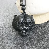 Unisex Frosted Natural Obsidian Tiger Head Zodiac Pendant Necklace 0642