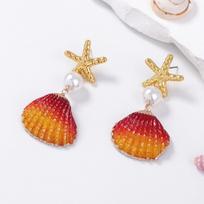 Bohemian Imitation Pearl Starfish Drop Earrings for Women Ladies Beach Style Red Gradient Color Shell Earrings Jewelry Wholesale
