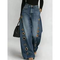 Cross-border TK metal round hole casual loose high waist wide leg jeans women's washed cat beard polished white jeans Europe and America S