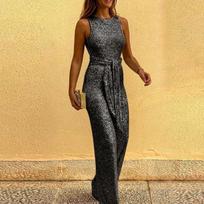 Women's Round Neck Sleeveless High Waist Slim Fit Sequin Solid Color Straight Leg Long Jumpsuit Elegant Party Formal Romper S