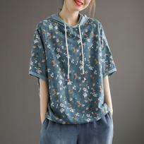 Art Retro Hooded Short Sleeved T-shirt for Women's Thin and Versatile Floral Loose Fitting Pullover Top M
