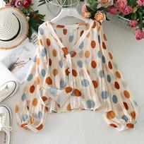 Spring V-Neck Pleated Polka Dot Sun-Protective Blouse Women's Puffed Lantern Sleeve Chiffon Top S