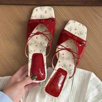 New Summer Mid Heels Slippers Square Head Open Toe Pumps Flower Pink Bow Wedge Sandals for Women Slip On Shoes Wear Sandalias 35