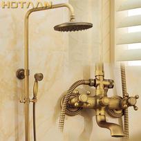 Antique Brass Wall Mounted Mixer Valve Rainfall Shower Faucet Complete Sets + 8  Brass Shower Head + Hand Shower + Hose YT-5317A