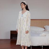 French Blue Tulip Print Cotton Gauze Nightgown for Women - Romantic Lace, Long Sleeve, Loose Fit Pajamas M (Recommended 80-110 jin)
