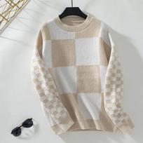 Women's Plaid Sweater Autumn and Winter Cross-border Checkerboard Pullover Long-sleeved Knitted Crew Neck Contrast Sweater S