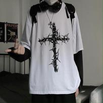 Unisex Hip-Hop Cross Print Layered Long-Sleeve T-Shirt for Spring & Autumn L