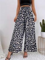 European & American Women's Classic Leopard Print Wide-Leg Elastic Waist Pants XL (120-130) pilka spalva