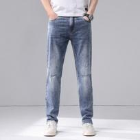 Spring and Summer New Men's Pure Cotton Slim Straight Elastic Ripped Jeans Trousers Men 28
