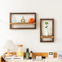 Square Solid Wood Floating Wall Shelf for Living Room - Creative Wooden Photo Frame & Ornament Display Set of 2