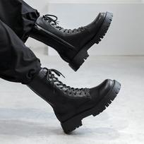 2025New Men's High-top Boots Punk Style Motorcycle Boots Classic Black Casual Leather Boot Lace Up Mid-Calf Platform Boots Botas 38