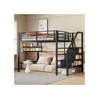 Lit mezzanine, 140*200cm , étagères, échelle de rangement, espace libre sous le lit à habiller, garde-corps, sans matelas, noir