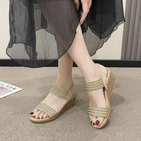 Summer Slope Heel Sandals Women New Round Head Glitter Set Foot Soft Sole Anti-slip Wear Heel Shoes 35