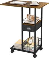 C-Shaped Rolling Side Table with Wheels, Large Wood Top Mobile Overbed Stand with Drawer, Metal Frame Couch Companion for Bedroo X Large