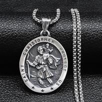St. Christopher Protect Us Cross Medal Necklace Stainless Steel Archangel Saints Protect Necklace Beads