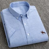Trend Hub 100% Pure Cotton Oxford Shirt For Men’s Short Sleeve Solid Stripe Leisure Embroidered Horse Social Business Formal Dress Shirts 38