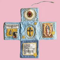 Handcrafted Pocket Shrine with Cross Included Inside,Faith Cross-Shaped Fabric Pouch Sewing Pocket with Saint Images Prayers