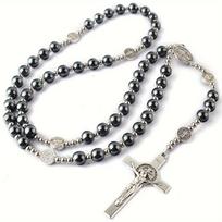 Cross necklace with stainless steel beads and St. Benedict beads, cross design, perfect for everyday wear