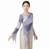 Long Slit Classical Dance Mesh Top Slim Fit Prints Saree Blouse Flowy Design Flared Sleeves Flared Sleeve Shirt Women Dance Wear S