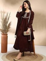 Women's Silk Embroidered Anarkali Kurta and Pant with Dupatta Set | 3 Piece Ethnic Kurta Set for Women S