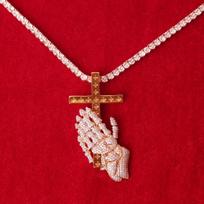 Aokaishen Cross Hand Pendant Men Necklace Real Gold Plated Hip Hop Jewelry Christmas Gift Cuban chain&30inch