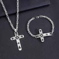 Vintage Cross Pendant Necklace And Bracelet Set Unisex Fashion Jewelry For Men And Women Stylish Gift A0502