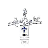 Silver Charm Bracelet Pendant Set Featuring Cross Bible Book and Dove with Olive Branch Religious Symbols for Jewelry Making One Size