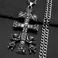 Catholic INRI Caravaca Cross Jesus Crucifix Cherub Angel Necklace for Women Men Stainless Steel Orthodox Russia Jewelry Gift