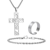 Vnox Men's Cross Hollow Pendant Necklaces Jewelry Set, Stainless Steel Necklace Rope Bracelet Open Size Ring Faith Prayer Set 6mm Wide Ring