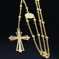 Cross Rosary Catholic Hollow Necklace Saint Benedict Stainless Steel Women Gold Color Beads Long Necklaces Jewelry Gift N1165S05