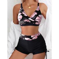 Floral Print Cross Drawstring Square Neck Tankini Set, Two Piece Swimsuit for Women S
