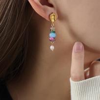 Hong Kong Style Luxury Mixed Stone Tassel Earrings with Titanium Steel Design