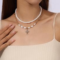 2pcs/set Elegant Cross Pendant Necklaces for Women Girls Pearl Choker Necklace Handmade Party Jewelry Gifts