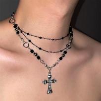 Punk Hiphop Black Cross Pendant Necklace for Men Women Y2K Gothic Multi Layer Chain Rhinestone Necklace Cool Jewelry Gifts