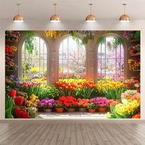 2D Cozy Floral Greenhouse with Tulips Tapestry for Home Decor 47.2x31.5inch/120*80cm