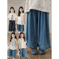 YouYou Girl's Ruffle Trim Cropped Wide-Leg Jeans 140